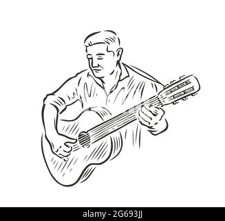 Man playing guitar. Music concept in sketch vintage style Stock Vector