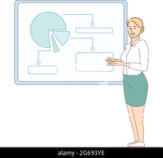 Business presentation, woman shows information on whiteboard - Vector illustration Stock Vector