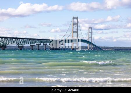 Opened in 1957, the 5 mile-long Mackinac Bridge is the world's 20th-longest main span and the longest suspension bridge between anchorages in the West Stock Photo