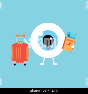 Cute eye ball emoji with suitcase and passport with tickets isolated. Stock Vector