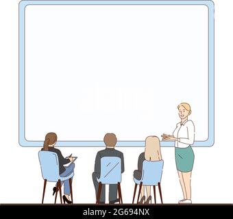 Business presentation, woman shows information on whiteboard - Vector illustration Stock Vector