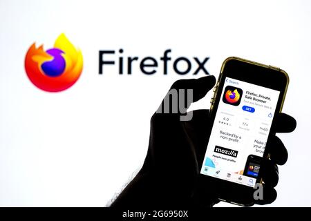 July 2, 2021, Barcelona, Catalonia, Spain: In this photo illustration a Mozilla Firefox app in App Store seen displayed on a smartphone with the Mozilla Firefox logo in the background. (Credit Image: © Thiago Prudencio/DAX via ZUMA Wire) Stock Photo