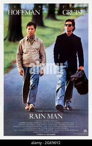 Rain Man (1988) directed by Barry Levinson and starring Dustin Hoffman, Tom Cruise and Valeria Golino. The selfish brother of an idiot savant with a gift for numbers discovers he is cut out of his father's will and goes on a road trip with him where he discovers there is more to life than money. Stock Photo