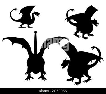 Set with dragons silhouettes isolated on white background. Vector illustration. Stock Vector