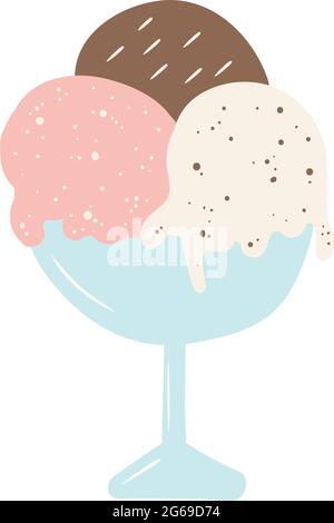 Hand drawn vector doodle illustration three ice-cream brown, pink and white color with sprinkles on the top in bowl isolated on white background. Chocolate, strawberry and vanilla flavors pastel. Stock Vector