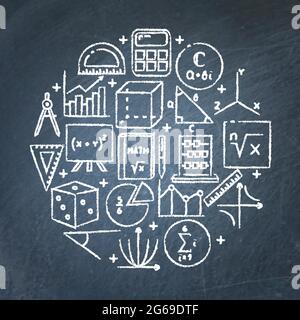 Chalkboard round poster with mathematics symbols. Math science banner. Vector illustration. Stock Vector