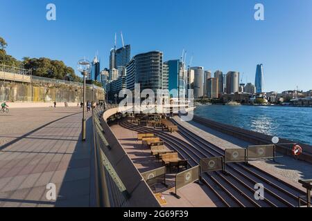 Sydney, Australia. 04th July, 2021. Sydney, Australia. Sunday 4th July 2021. Opera Bar Sydney empty due to the second week of lockdown as a result of the Delta Variant in Sydney. Credit: Paul Lovelace/Alamy Live News Stock Photo