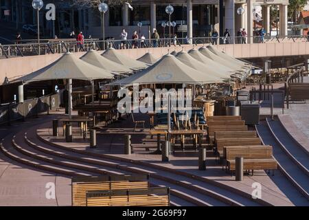 Sydney, Australia. 04th July, 2021. Sydney, Australia. Sunday 4th July 2021. Opera Bar Sydney empty due to the second week of lockdown as a result of the Delta Variant in Sydney. Credit: Paul Lovelace/Alamy Live News Stock Photo