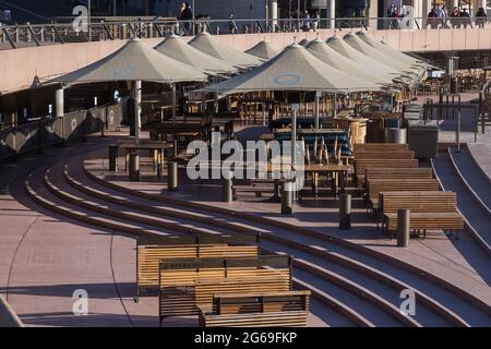 Sydney, Australia. 04th July, 2021. Sydney, Australia. Sunday 4th July 2021. Opera Bar Sydney empty due to the second week of lockdown as a result of the Delta Variant in Sydney. Credit: Paul Lovelace/Alamy Live News Stock Photo