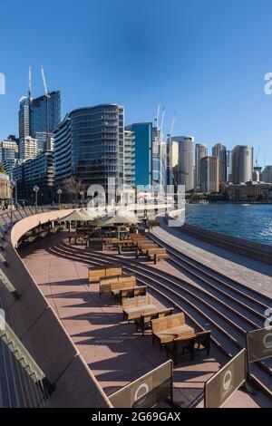 Sydney, Australia. 04th July, 2021. Sydney, Australia. Sunday 4th July 2021. Opera Bar Sydney empty due to the second week of lockdown as a result of the Delta Variant in Sydney. Credit: Paul Lovelace/Alamy Live News Stock Photo