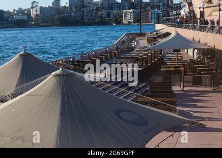 Sydney, Australia. 04th July, 2021. Sydney, Australia. Sunday 4th July 2021. Opera Bar Sydney empty due to the second week of lockdown as a result of the Delta Variant in Sydney. Credit: Paul Lovelace/Alamy Live News Stock Photo