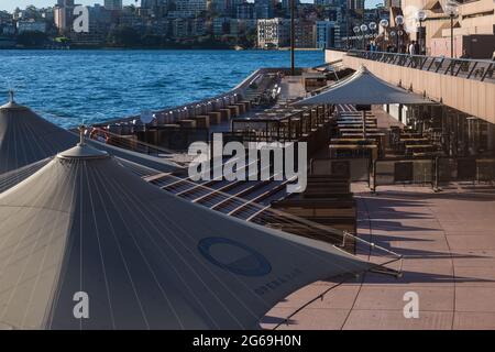 Sydney, Australia. 04th July, 2021. Sydney, Australia. Sunday 4th July 2021. Opera Bar Sydney empty due to the second week of lockdown as a result of the Delta Variant in Sydney. Credit: Paul Lovelace/Alamy Live News Stock Photo