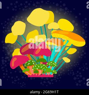 Glowing mushrooms on a dark background. Composition of many bright fairy or space mushrooms in a cartoon style. Vector illustration. Stock Vector