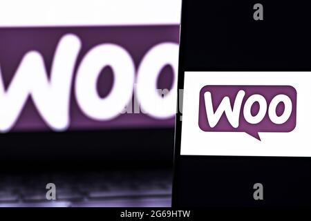 Editorial photo on WooCommerce theme.  Illustrative photo for news about WooCommerce - an open-source e-commerce plugin for WordPress Stock Photo