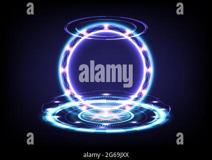 Abstract background. Portal and hologram science futuristic. Sci-fi digital hi-tech in glowing HUD circut. Magic gate in game fantasy. Circle teleport Stock Vector