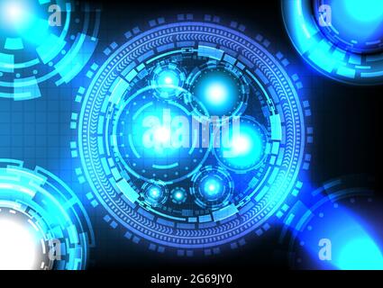 Abstract background. Hologram science. Futuristic Sci-fi digital hi-tech collection in glowing HUD circle. Virtual reality high technology innovation. Stock Vector