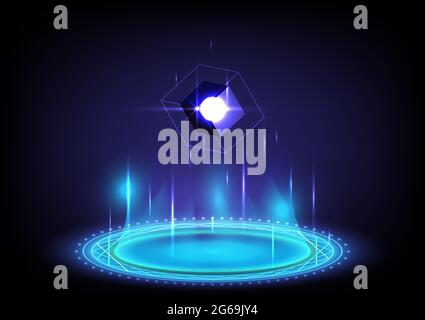 3D cube. Abstract background. Portal and hologram science futuristic. Sci-fi digital hi-tech in glowing HUD with halo. Magic gate in game fantasy. Cir Stock Vector