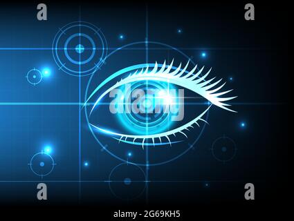 Science fiction interface. Futuristic technology of eye cyber security concept. Abstract hi speed digital internet background. Motion move and target
