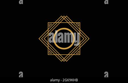Letter O art deco   minimalstic logo in  gold color isolated in black background with square frame Stock Vector