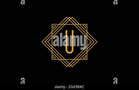 Letter U art deco   minimalstic logo in  gold color isolated in black background with square frame Stock Vector
