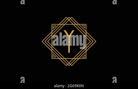 Letter Y art deco   minimalstic logo in  gold color isolated in black background with square frame Stock Vector