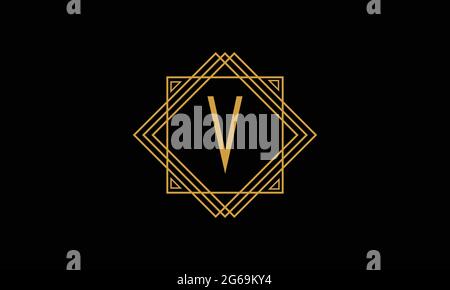 Letter V art deco   minimalstic logo in  gold color isolated in black background with square frame Stock Vector
