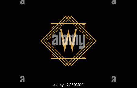 Letter W art deco   minimalstic logo in  gold color isolated in black background with square frame Stock Vector