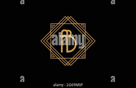 Connected joint Letters A and B Art deco minimalstic logo in gold color isolated in black background with square frame Stock Vector
