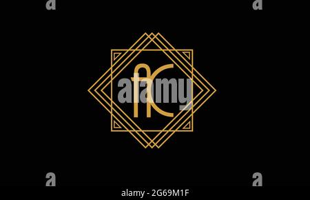 Connected joint Letters A and C  Art deco minimalstic logo in gold color isolated in black background with square frame Stock Vector