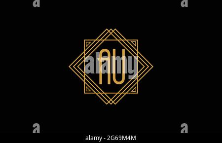 Connected joint Letters A and U Art deco minimalstic logo in gold color isolated in black background with square frame Stock Vector