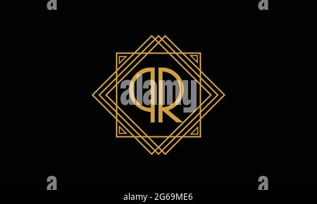 Connected joint Letters P and R   Art deco minimalstic logo in gold color isolated in black background with square frame Stock Vector