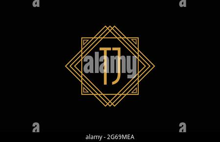 Connected joint Letters T and J Art deco minimalstic logo in gold color isolated in black background with square frame Stock Vector