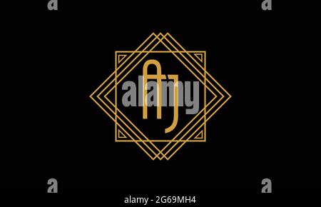 Connected joint Letters A and J Art deco minimalstic logo in gold color isolated in black background with square frame Stock Vector
