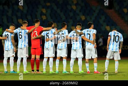 GOIANIA, BRAZIL - JULY 03: Lionel Messi of Argentina with his team mates ,during the Quarterfinal match between Argentina and Ecuador as part of Conmebol Copa America Brazil 2021 at Estadio Olimpico on July 3, 2021 in Goiania, Brazil. (MB Media) Stock Photo