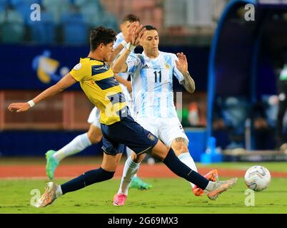 GOIANIA, BRAZIL - JULY 03: Angel Di Maria of Argentina competes for the ball with Piero Hincapie of Ecuador ,during the Quarterfinal match between Argentina and Ecuador as part of Conmebol Copa America Brazil 2021 at Estadio Olimpico on July 3, 2021 in Goiania, Brazil. (MB Media) Stock Photo