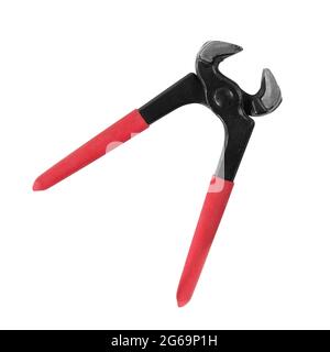 Tools - Top view open carpenter's pincers with red handles isolated on a white background. Stock Photo