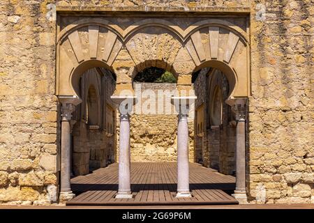 Upper Basilical Hall in the administrative area of the 10th century fortified palace and city of Medina Azahara, also known as Madinat al-Zahra, Cordo Stock Photo