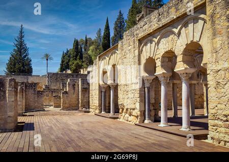 Upper Basilical Hall in the administrative area of the 10th century fortified palace and city of Medina Azahara, also known as Madinat al-Zahra, Cordo Stock Photo