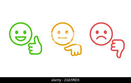 Customer satisfaction rating scale, smiley face with thumbs up and down. Positive and negative feedback button. Line vector icons. Stock Vector