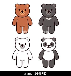 Cute cartoon bears set: brown, black, white and panda bear. Kawaii character vector illustration. Stock Vector