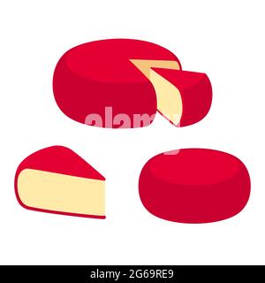 Cartoon Edam cheese with red wax rind. Triangle piece cut out of round cheese wheel. Isolated vector clip art illustration set. Stock Vector