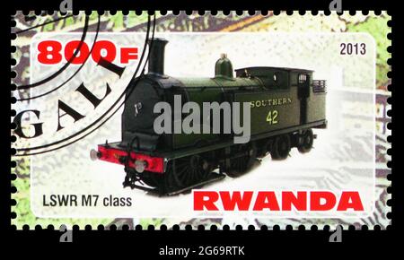 MOSCOW, RUSSIA - MARCH 28, 2020: Postage stamp printed in Rwanda shows LSWR M7 class, Steam locomotives serie, circa 2013 Stock Photo
