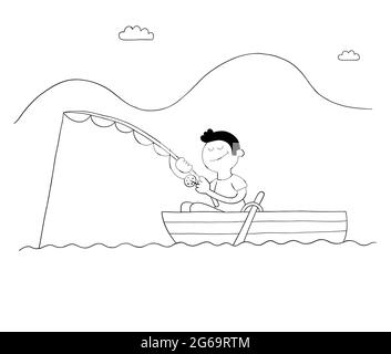 Cartoon man fishing with hook in boat, lake or sea, vector illustration. Black outlined and white colored. Stock Vector