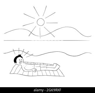 Cartoon man sunbathing on the beach for hours and when he wakes up his whole body is burnt red vector illustration. Black outlined and white colored. Stock Vector