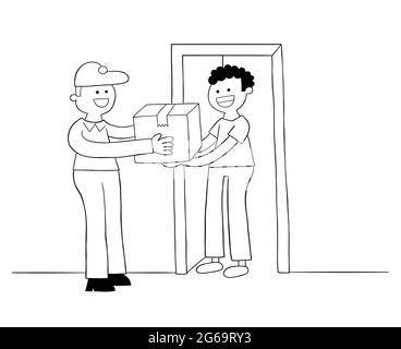 Cartoon courier brings the parcel, the customer receives the parcel, vector illustration. Black outlined and white colored. Stock Vector