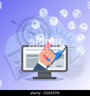 Attracting potential customers. Man with huge magnet Stock Vector
