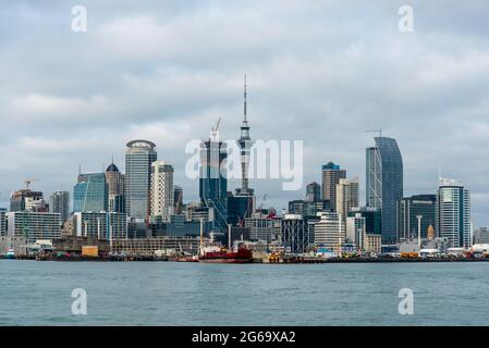Panoramic view of the Auckland skyline from seaside, New Zealand Stock Photo