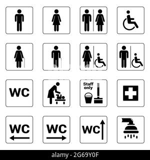 Toilet signs, Set of vector toilet symbols icons, WC pictogram. Black on white bacground Stock Vector