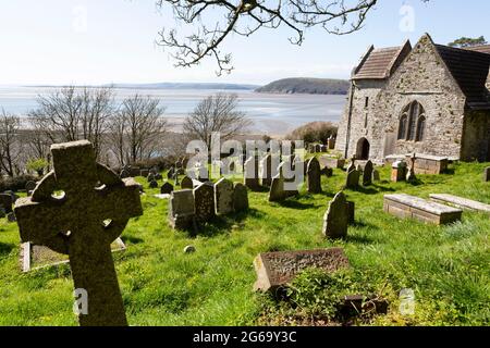 Parish Church of Saint Ishmael and graveyard, near Ferryside, Carmarthenshire, Wales Stock Photo