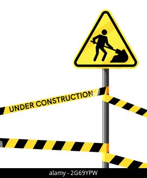 Under Construction Sign with Man Digging Ground. Stock Vector